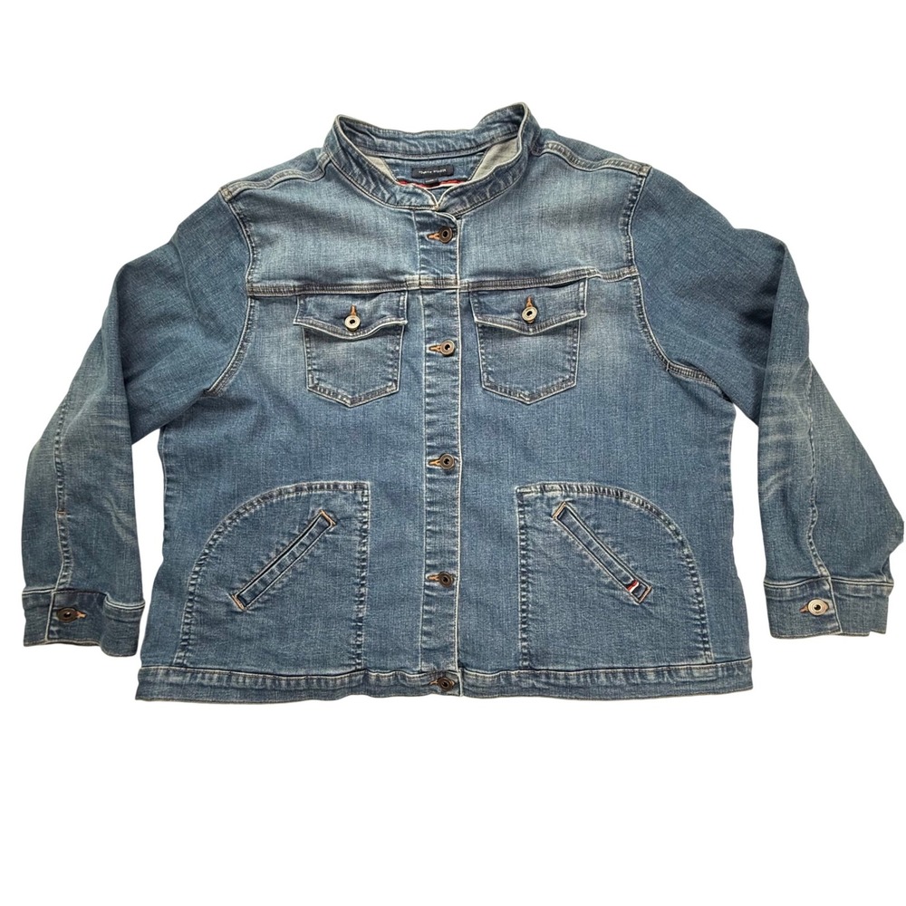 Tommy Hilfiger Womens 2X Denim Jacket Blue Mock Neck Button Up W7SC2199 SKY